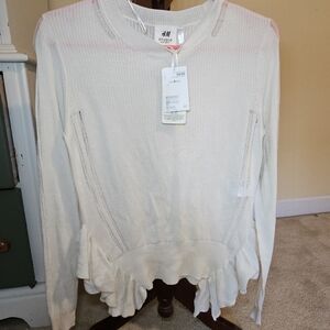 NWT‎ H&M Studio Collection Cream Frill Hem Knit Sweater Thrashed Shirt Sheer Sm